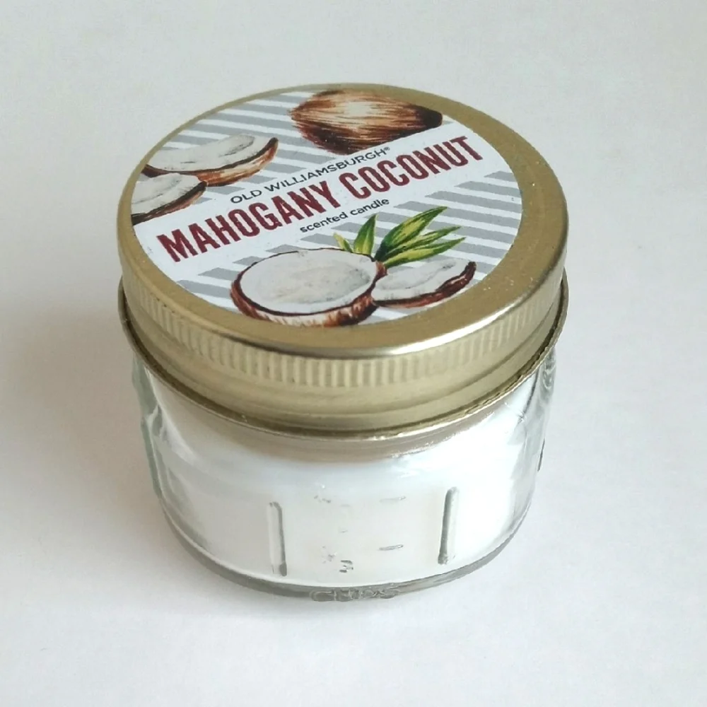 Old Williamsburg Mahogany Coconut Scented Jar Candle in Mini Mason Jar White